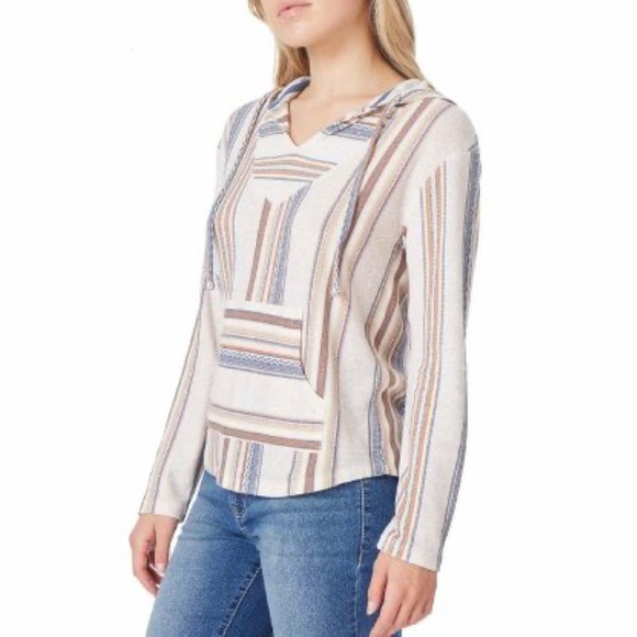 WallFlower Vintage Classic Baja Stripe V-Neck Hoodie Size Large Light Weight - Picture 1 of 16